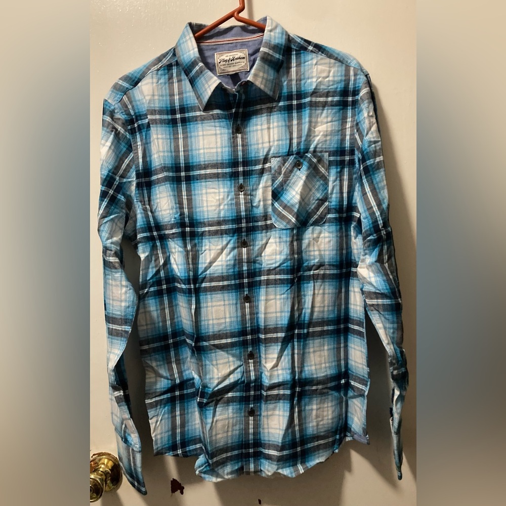 Flag & Anthem Blue White Black Casual Plaid Men's Long Sleeve Shirt Size M